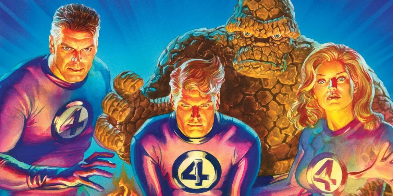 The Fantastic Four - Reed Richards, the Thing, Human Torch, and Invisible Woman - lit from below in Marvel Comics