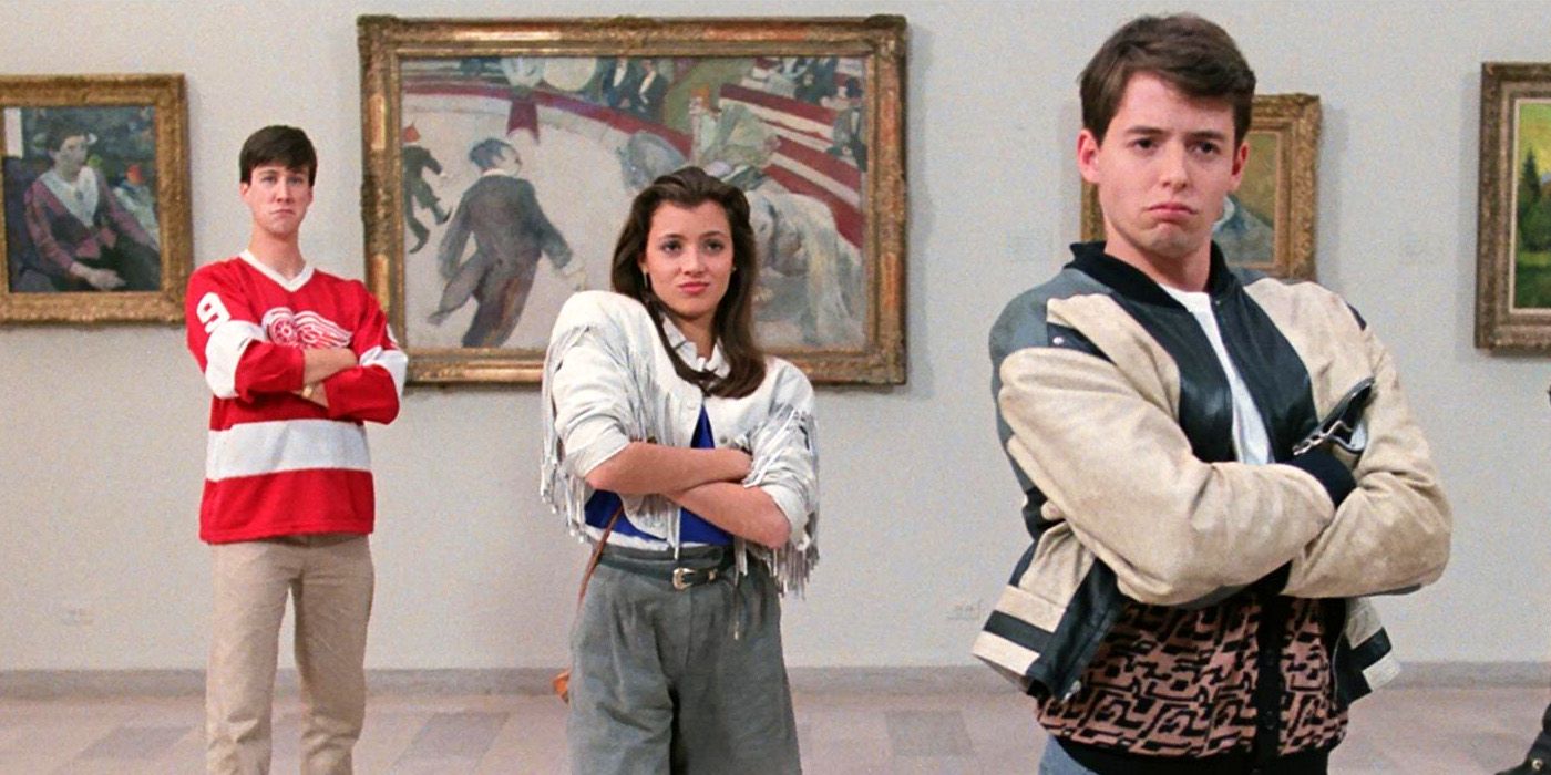  Ferris Sloane, and Cameron pose in a museum in Ferris Bueller's Day Off.