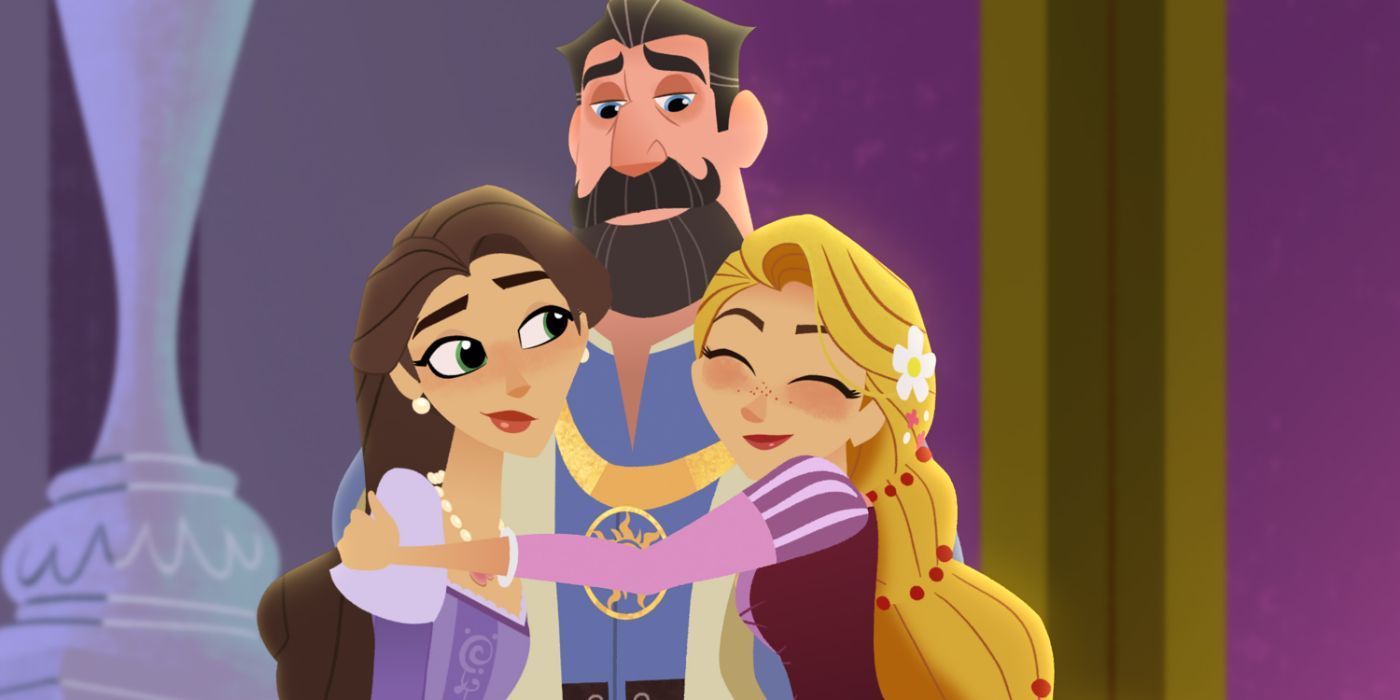 King Frederic, Queen Arianna, and Rapunzel hugging in Rapunzel's Tangled Adventure