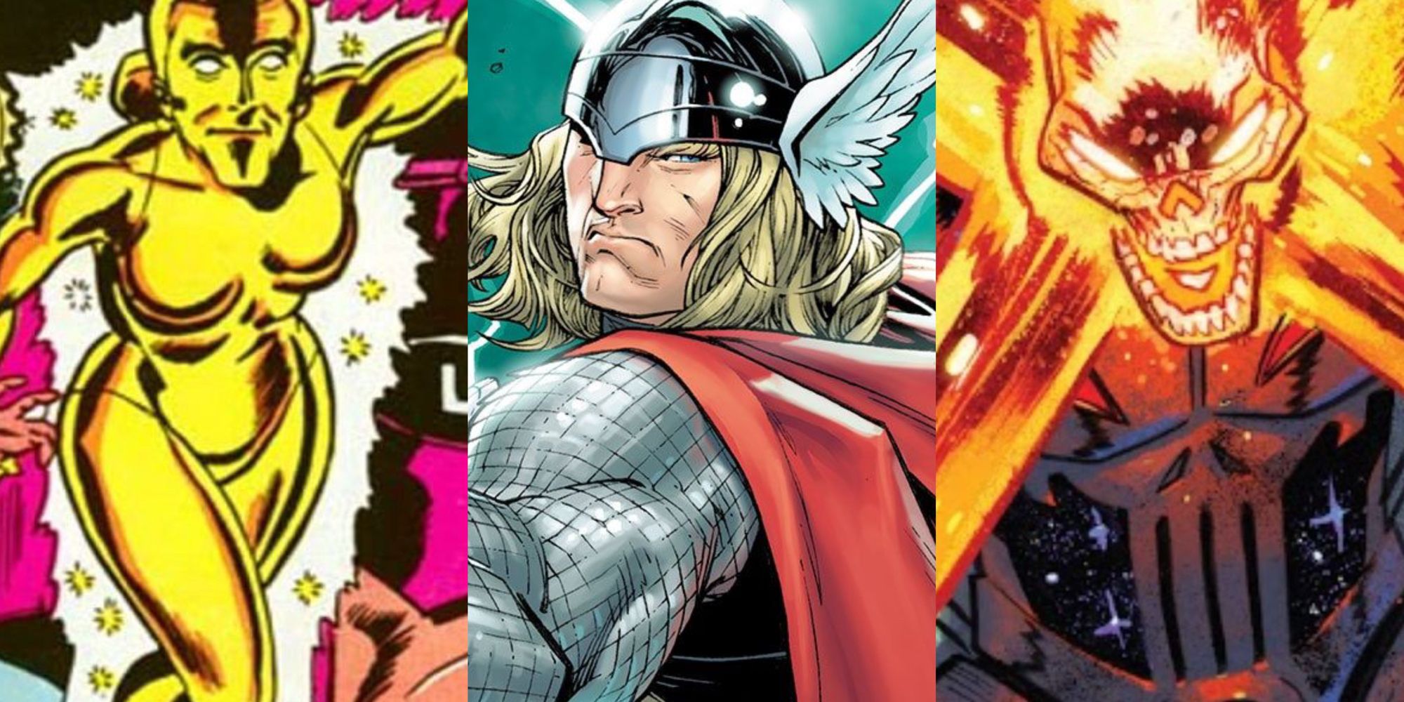A split image of Marvel characters, including Goldie Oldie, Thor, and Frank Castle as Ghost Rider
