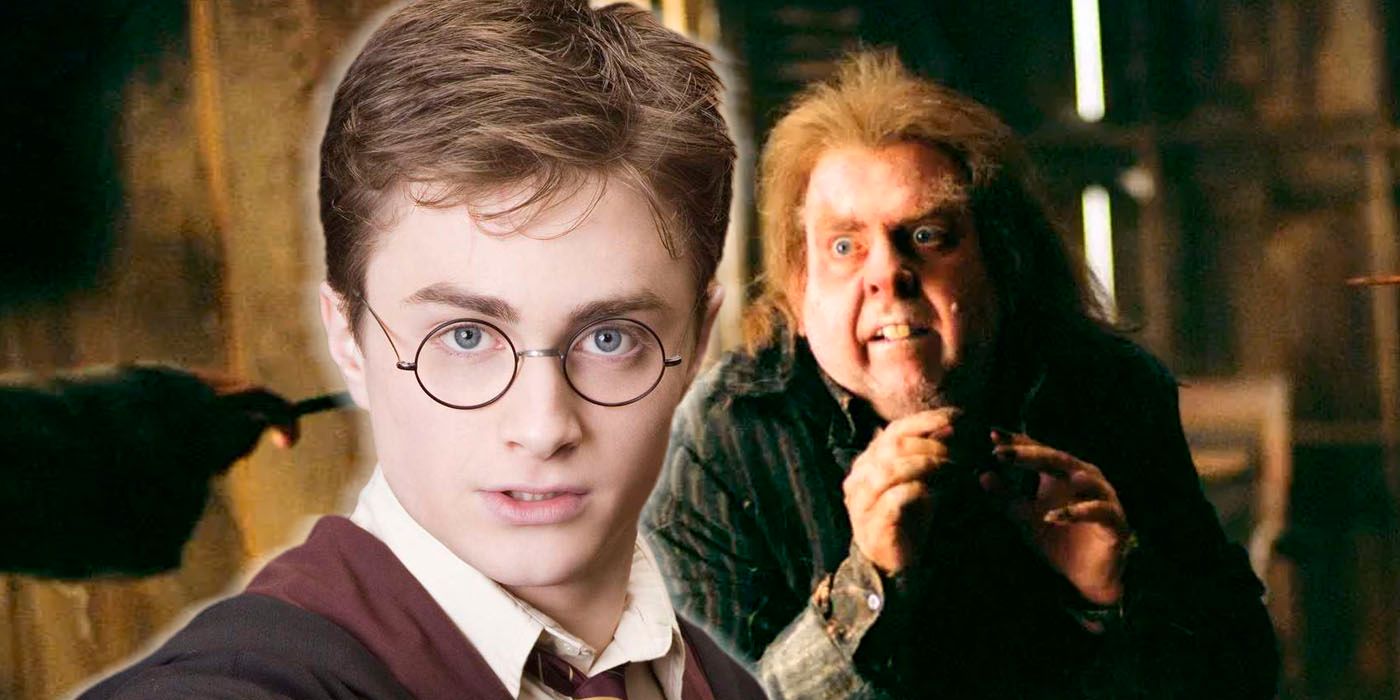 Harry Potter in front of a scared Peter Pettigrew.