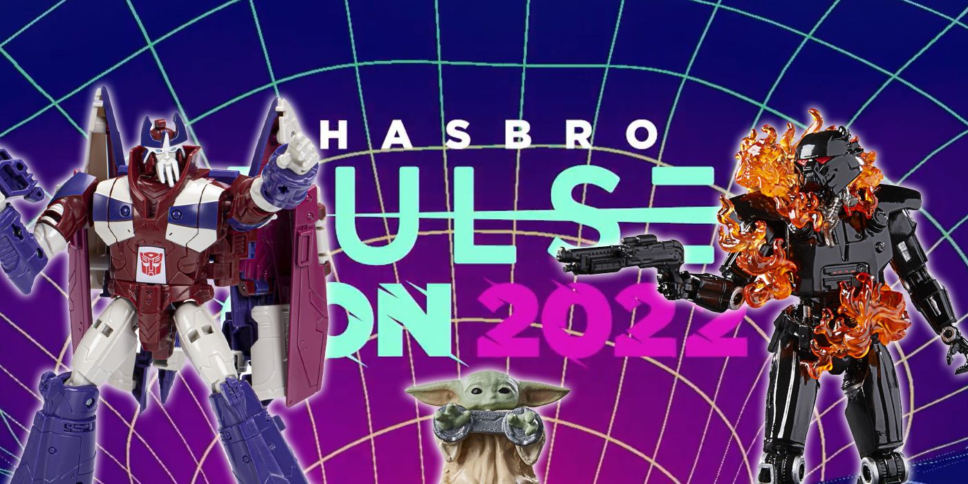 hasbro pulse con 2022 logo with transformers and star wars toys over it