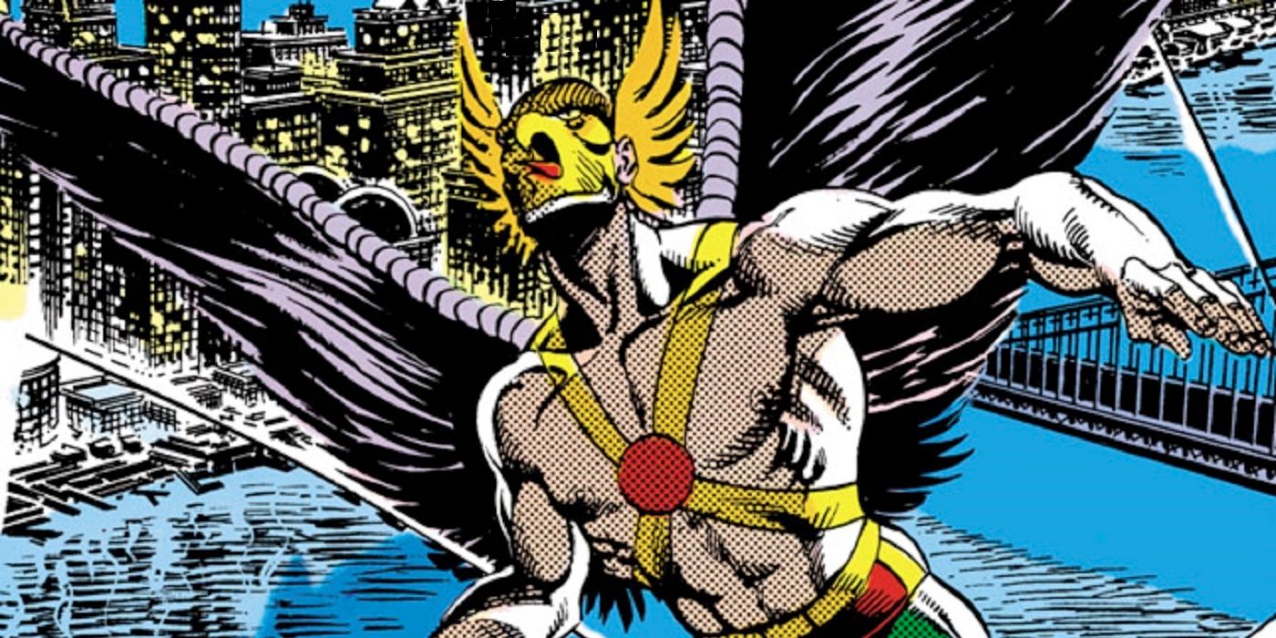 An image of Hawkman flying over a city in All Star Squadron by DC Comics