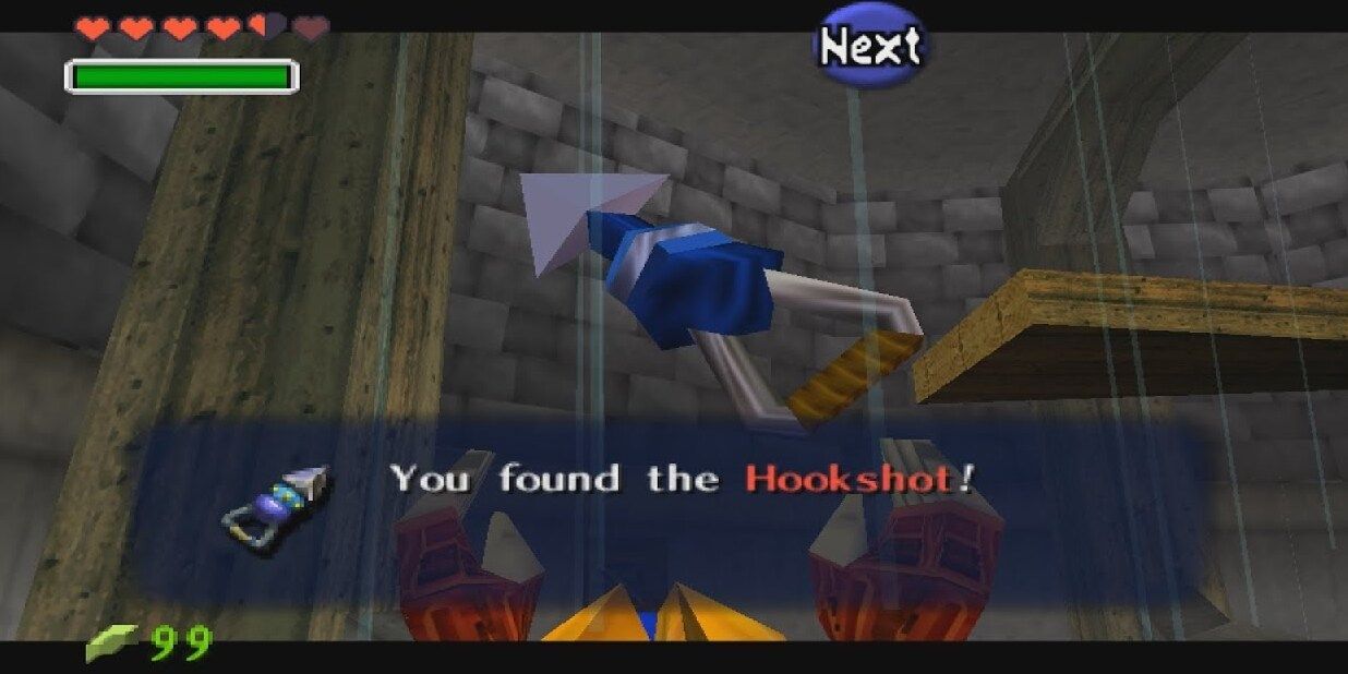 Link finds the hookshot in Legend of Zelda Ocarina of Time