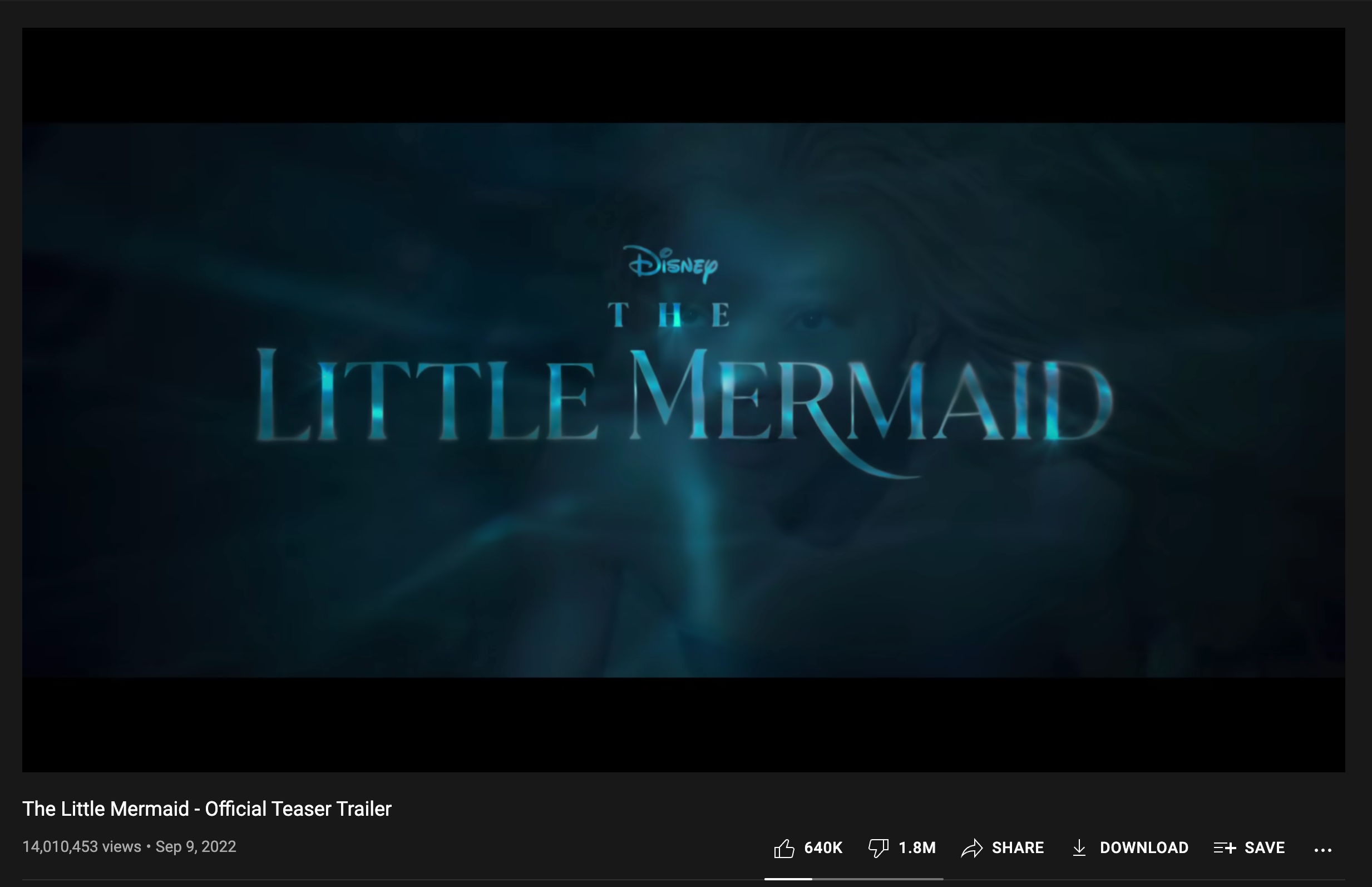 The Little Mermaid Teaser Trailer with an estimated 1.6M dislikes
