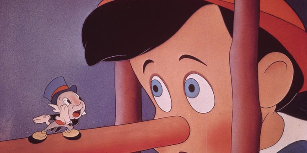 An image of Jiminy Cricket whispering to Pinocchio, while standing atop Pinocchio's long nose