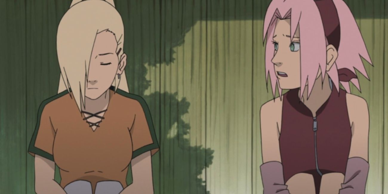 ino with sakura against a fence