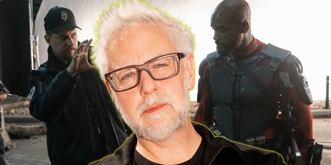 james gunn in front of image of david ayer directing will smith in suicide squad