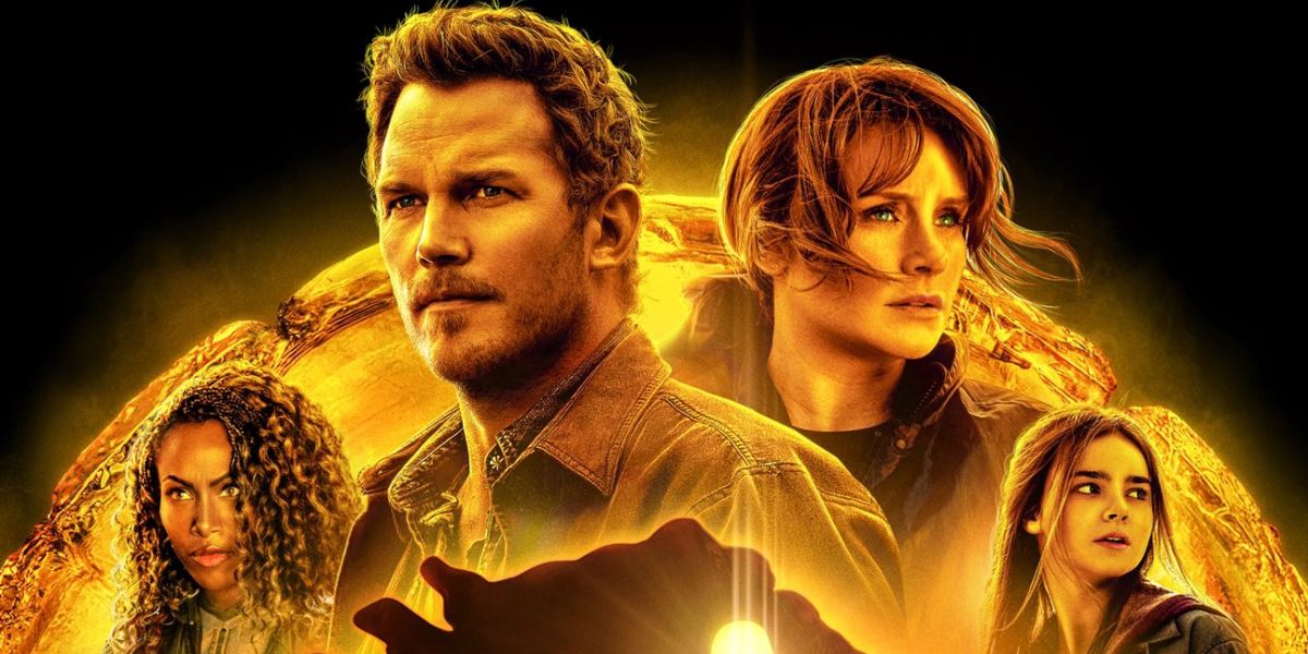 An image of the promotional poster for Jurassic World Dominion with Chris Pratt and Bryce Dallas Howard