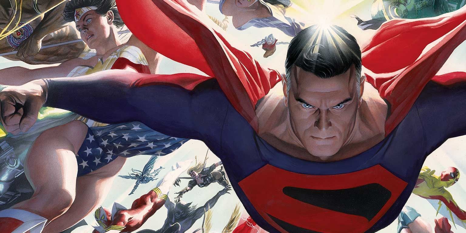 Superman voando com a Liga da Justiça em Kingdom Come.