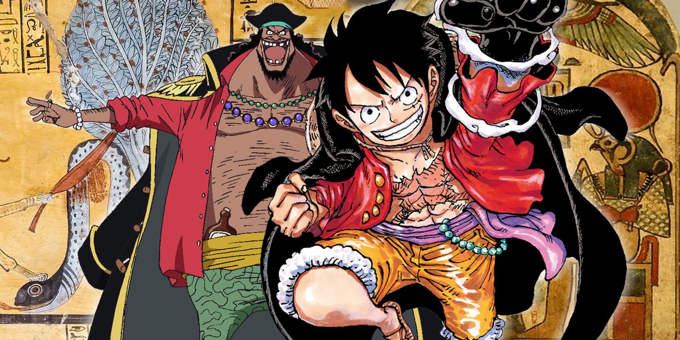 One Piece's Luffy and Blackbeard are positioned in front of an Egyptian papyrus painting