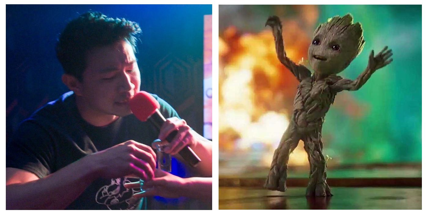 A feature image of Shang-Chi singing karaoke and Baby Groot dancing