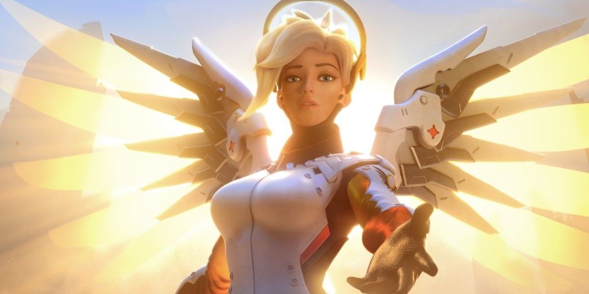 Mercy from Overwatch reaching to the camera with the sun behind her