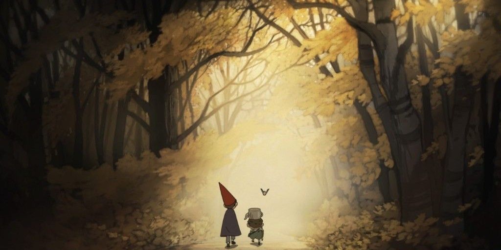 Wirt, Greg, and Beatrice walk through the forest in Over the Garden Wall