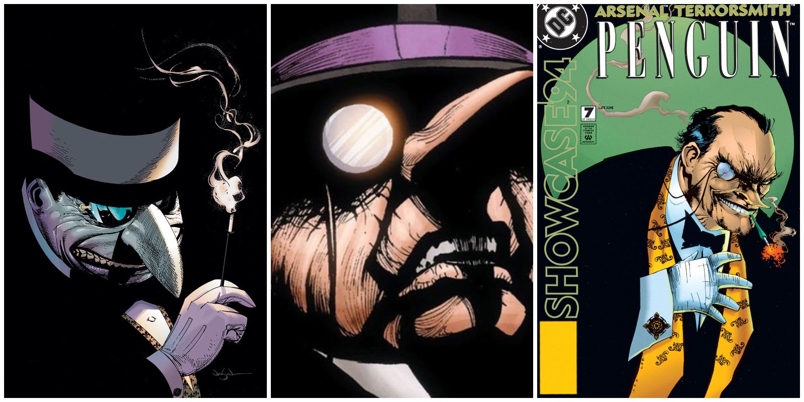 Split image of Penguin in his top hat and monocle from Batman Comics