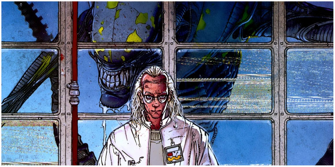 scientist standing infront of a Xenomorph behind glass in Dark Horse comics