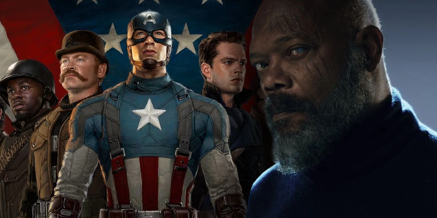 Nick Fury in front of Captain America and the Howling Commandos.