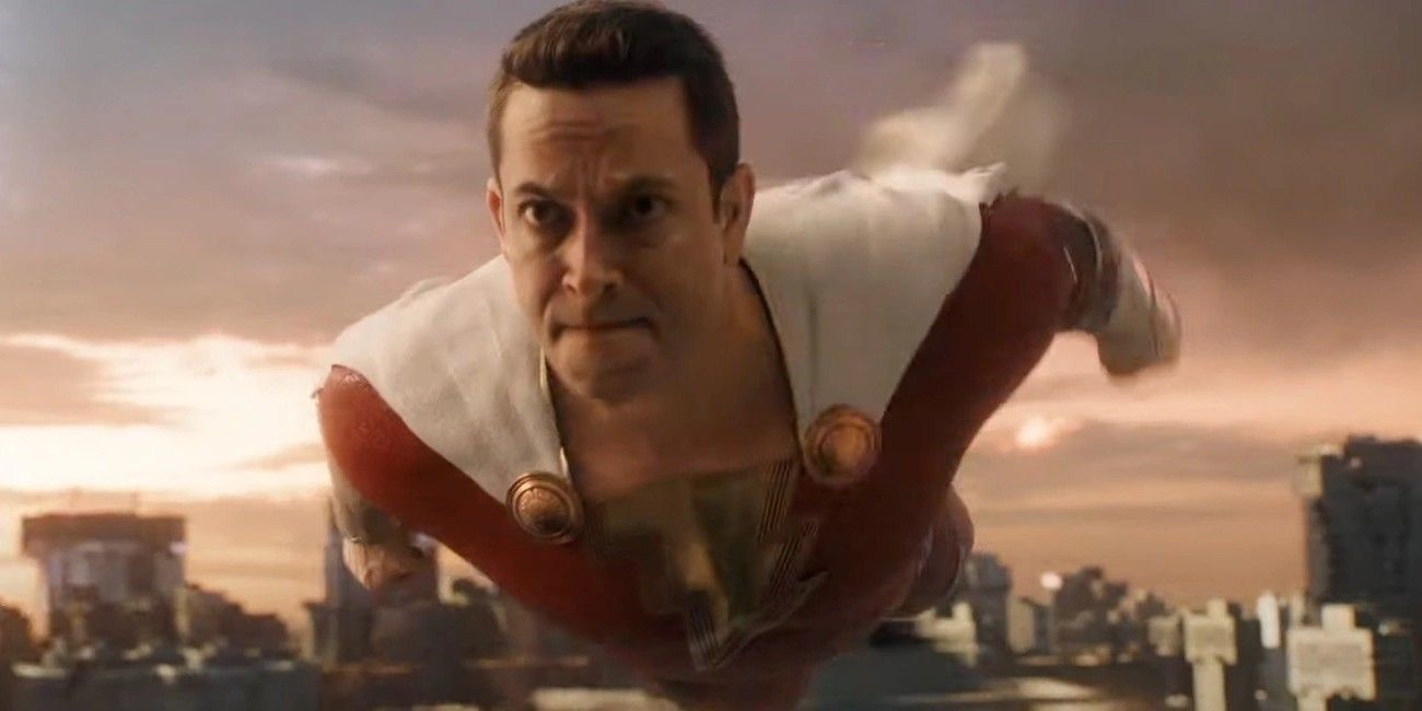 Zachary Levi flying as Shazam in Shazam! Fury of the Gods.