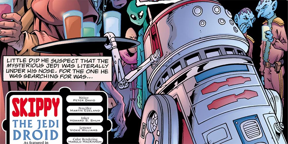 Skippy the jedi droid serves drinks in a Star Wars cantina