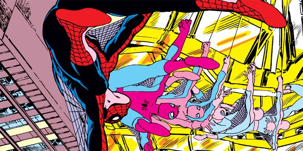 Spider-Man swings into a collapsed gold building in Web of Spider-Man #6