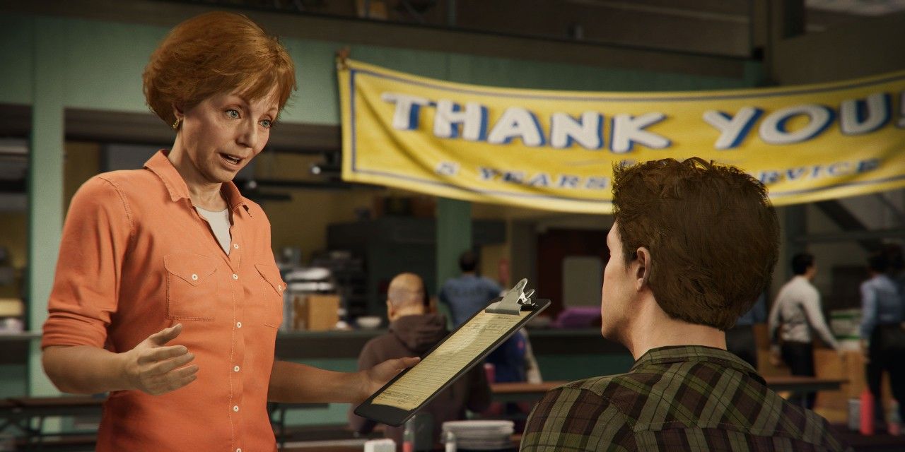 Aunt May speaking to Peter Parker at the F.E.A.S.T Center in Marvel's Spider-Man
