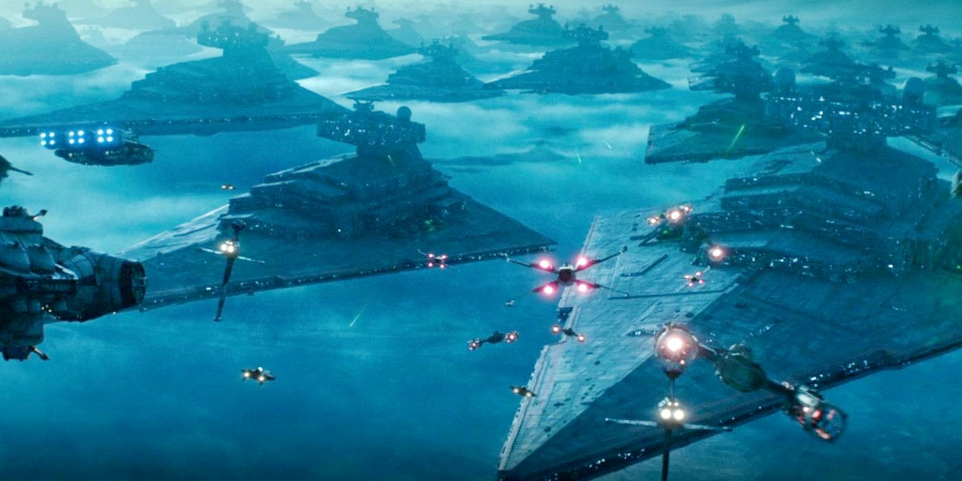 Resistance vehicles approach a fleet of Star destroyers in Star Wars: Rise of Skywalker
