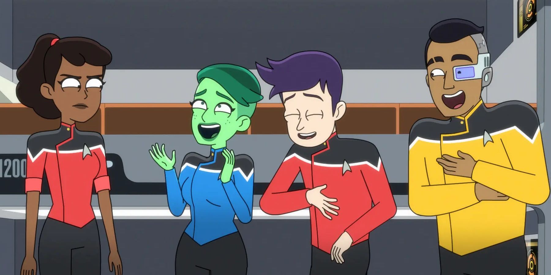 The main characters of Star Trek: Lower Decks laughing together.