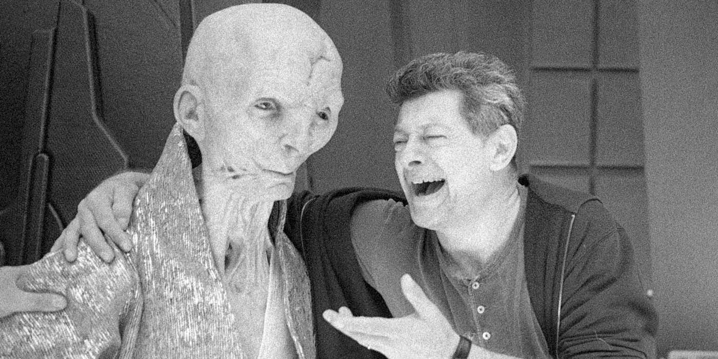 Andy Serkis laughing with the Snoke puppet on the set of Star Wars: The Last Jedi.