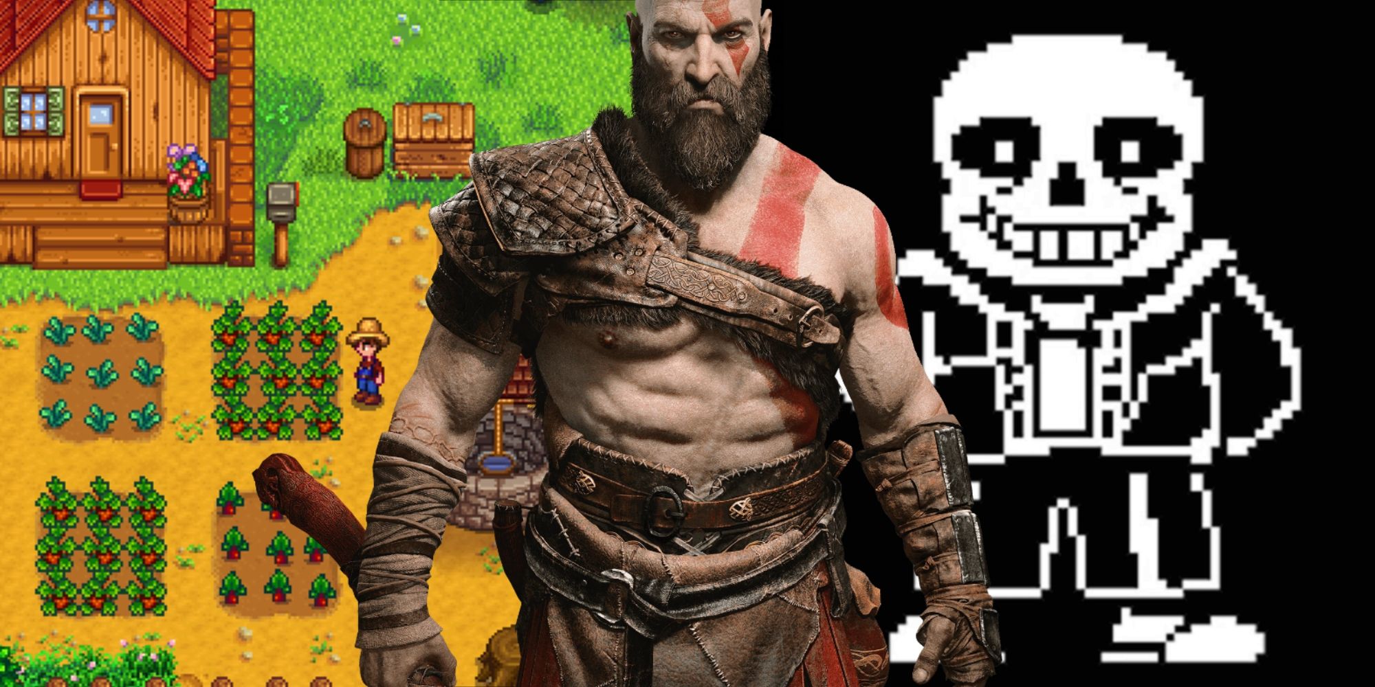 Collage of Stardew Valley, God of War's Kratos, and Undertale's Sans