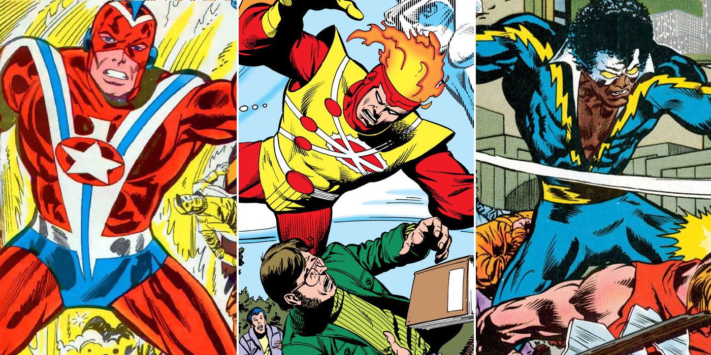 split image of Steel, Firestorm, and Black Lightning in Bronze Age DC Comics