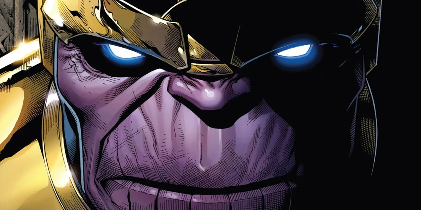 Thanos stares with glowing blue eyes at Marvel Comics' Infinity