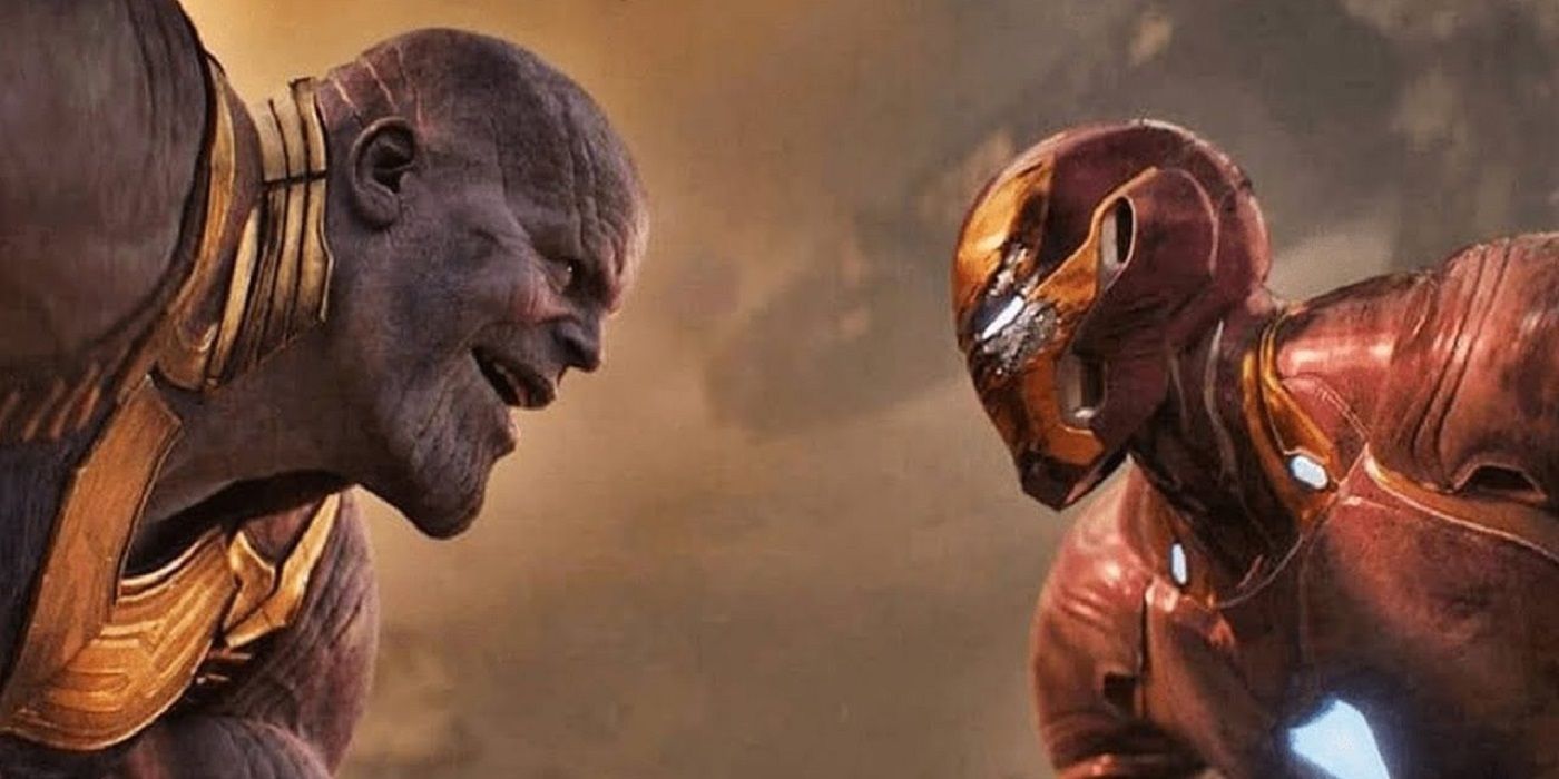Thanos and Iron Man staring each other down in Infinity War