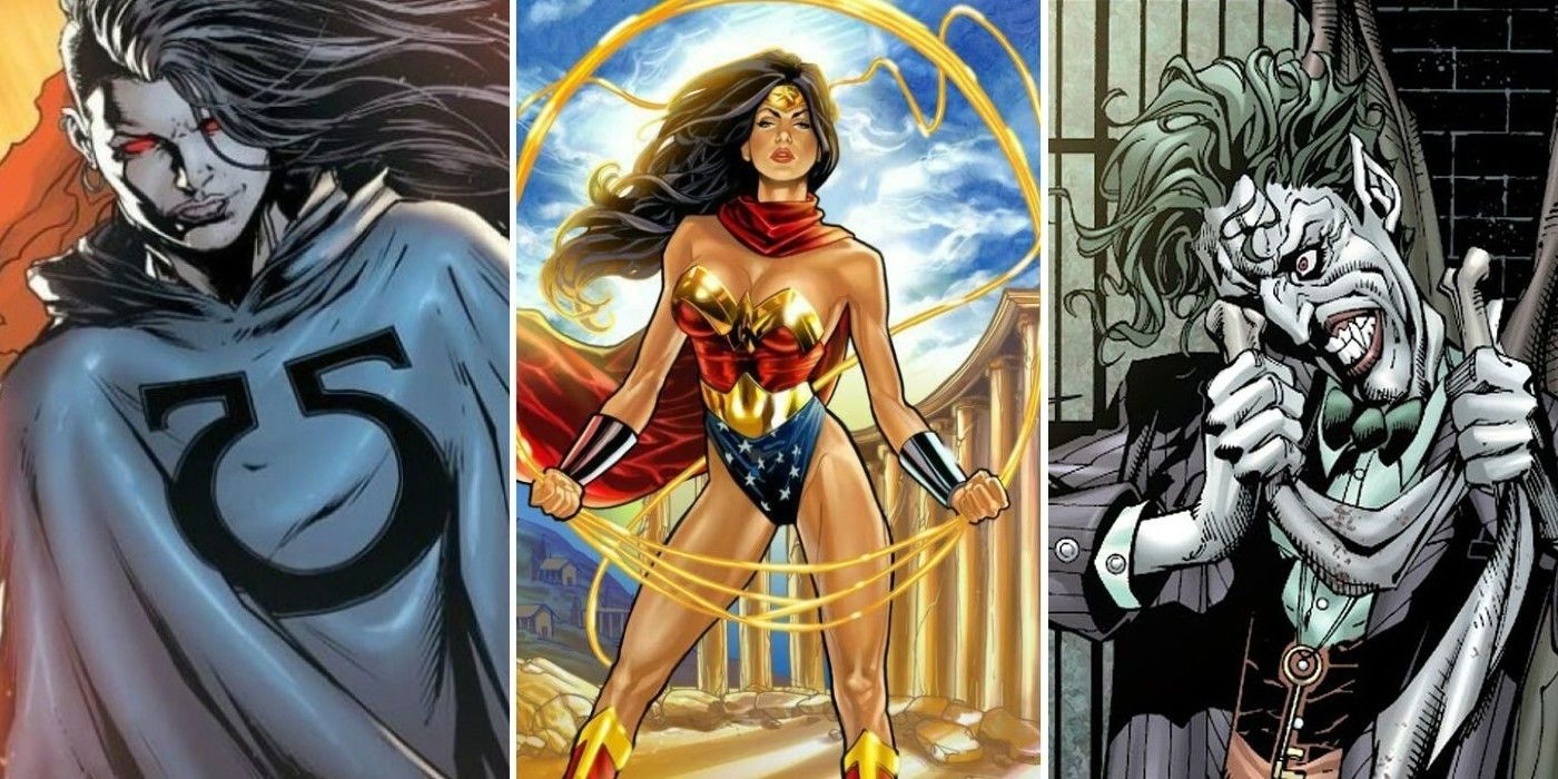 A split image of Grail, Wonder Woman using her Lasso of Truth, and The Joker from DC Comics