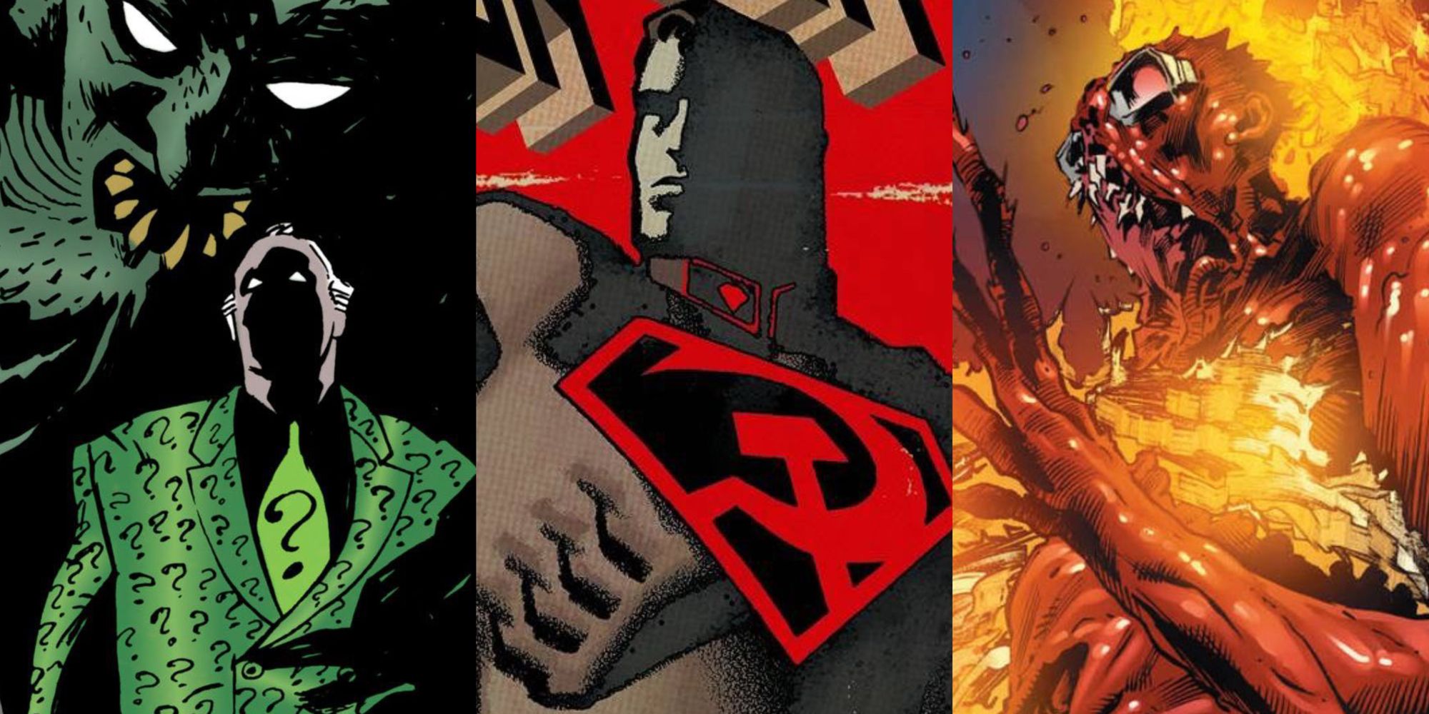 the riddler, superman red son, plastic man on flames