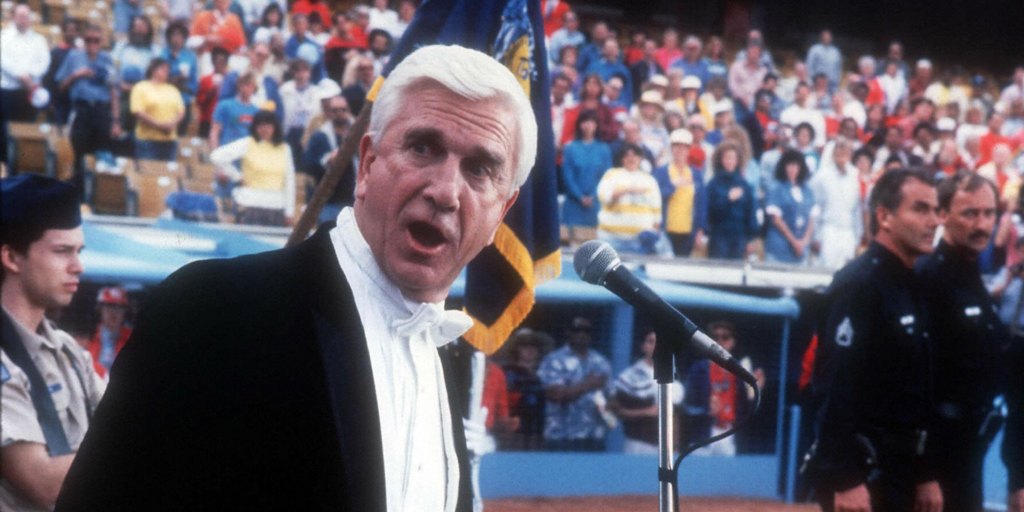 Leslie Nielsen singing the national anthem with a naked gun 