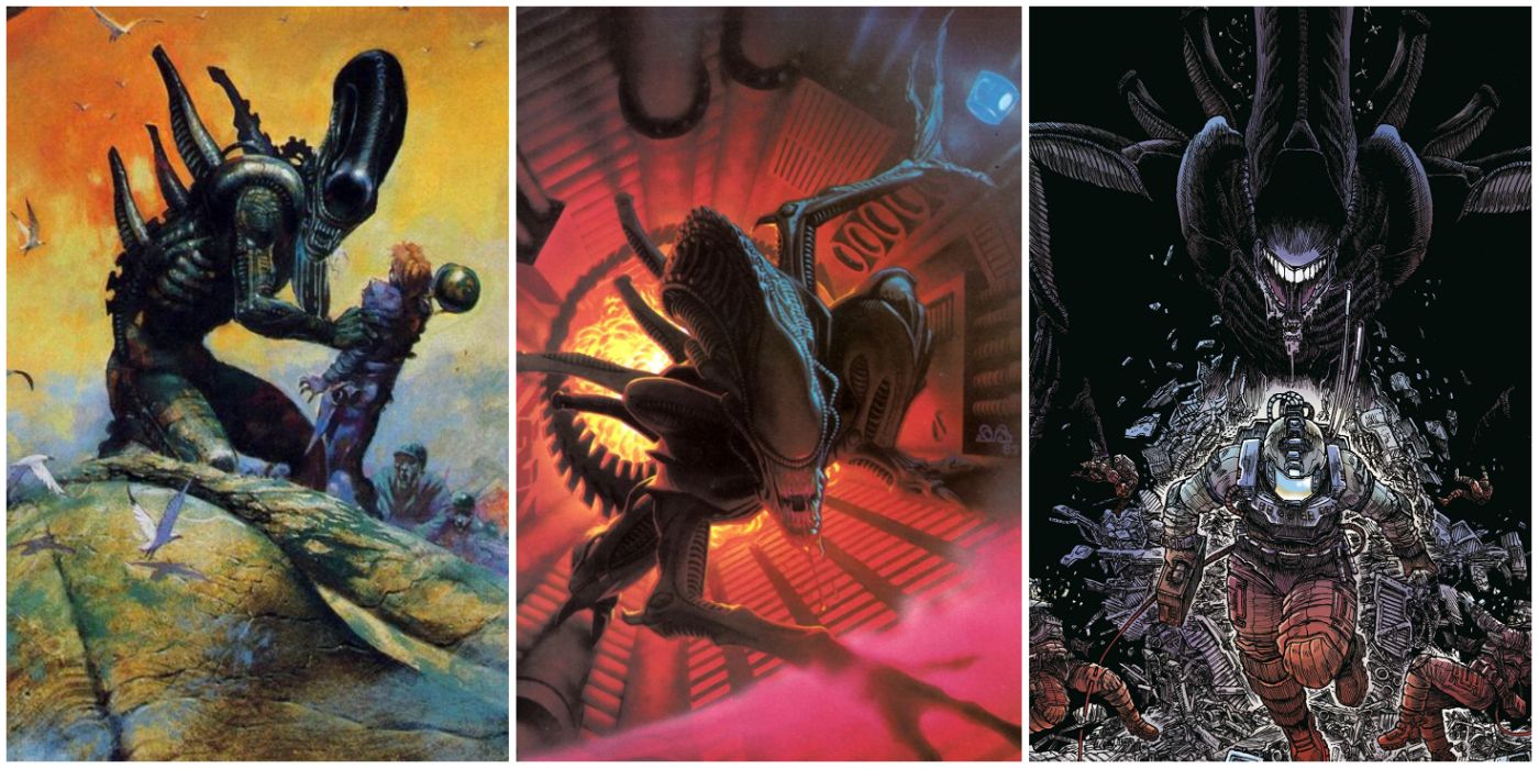 Uma imagem dividida de vários xenomorfos dos quadrinhos da Dark Horse