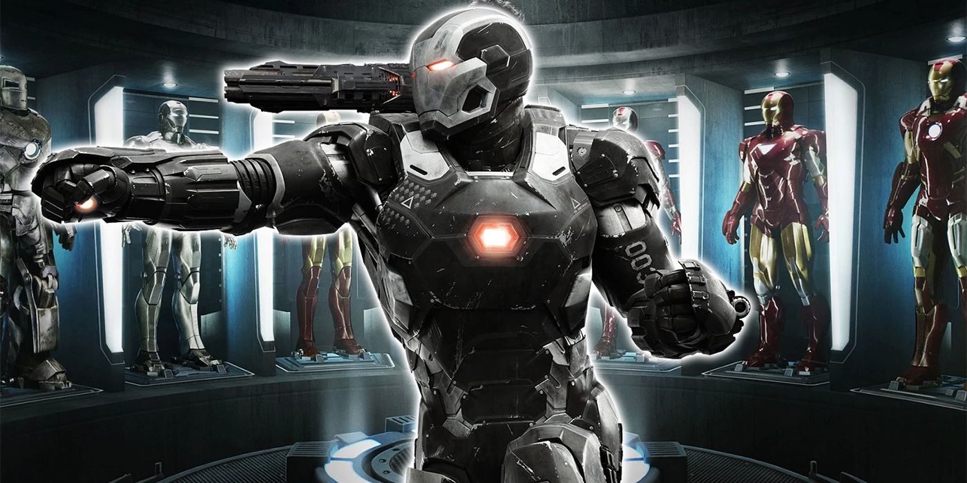 war machine in front of iron man suits
