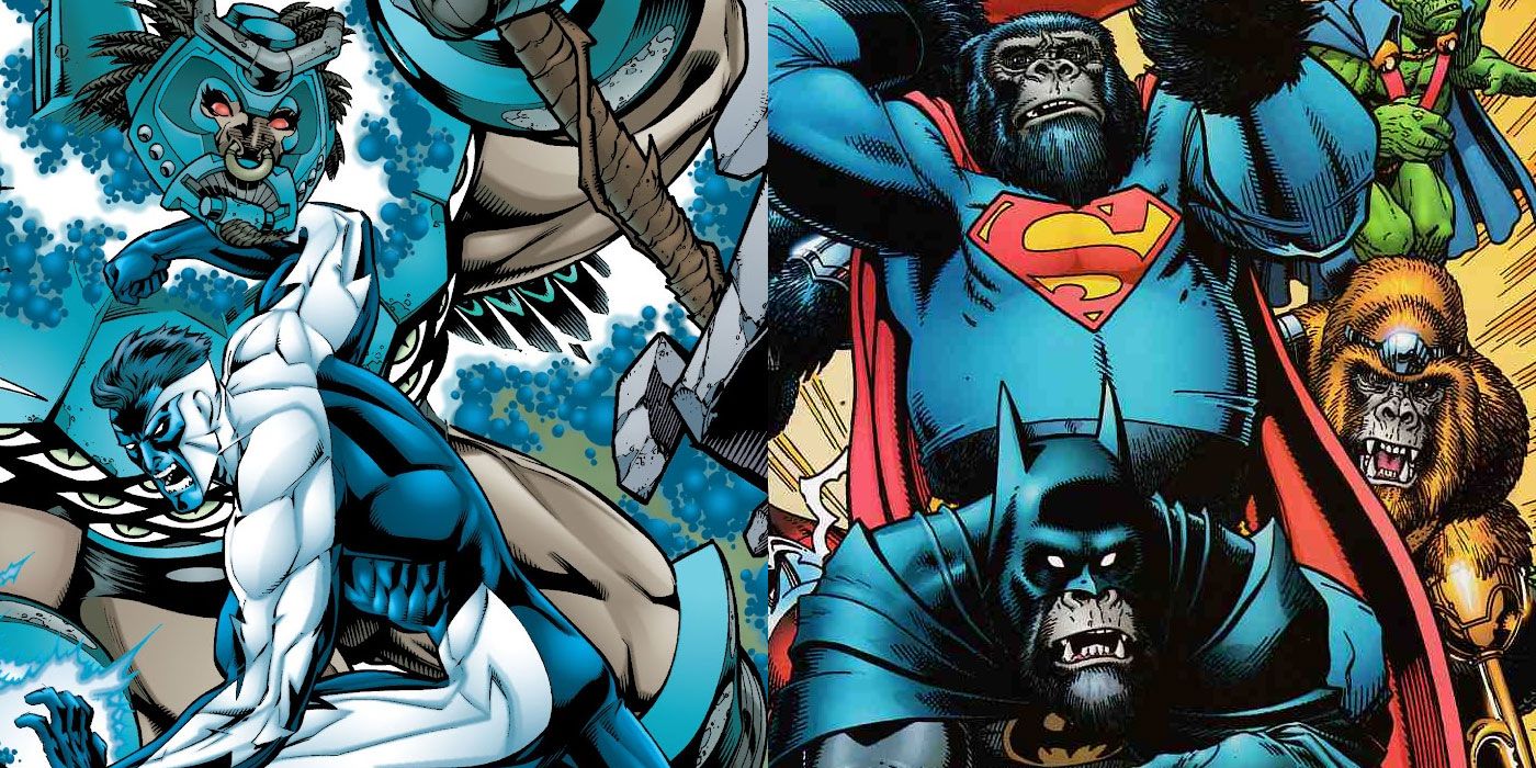 A split image of the Justice League fighting angels, becoming apes in DC Comics