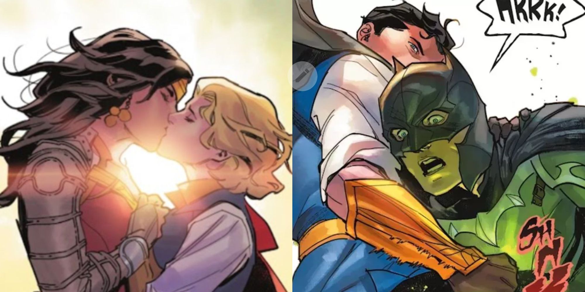 A split image of Diana and Zala kissing and of Kal-El stabbing Bruce