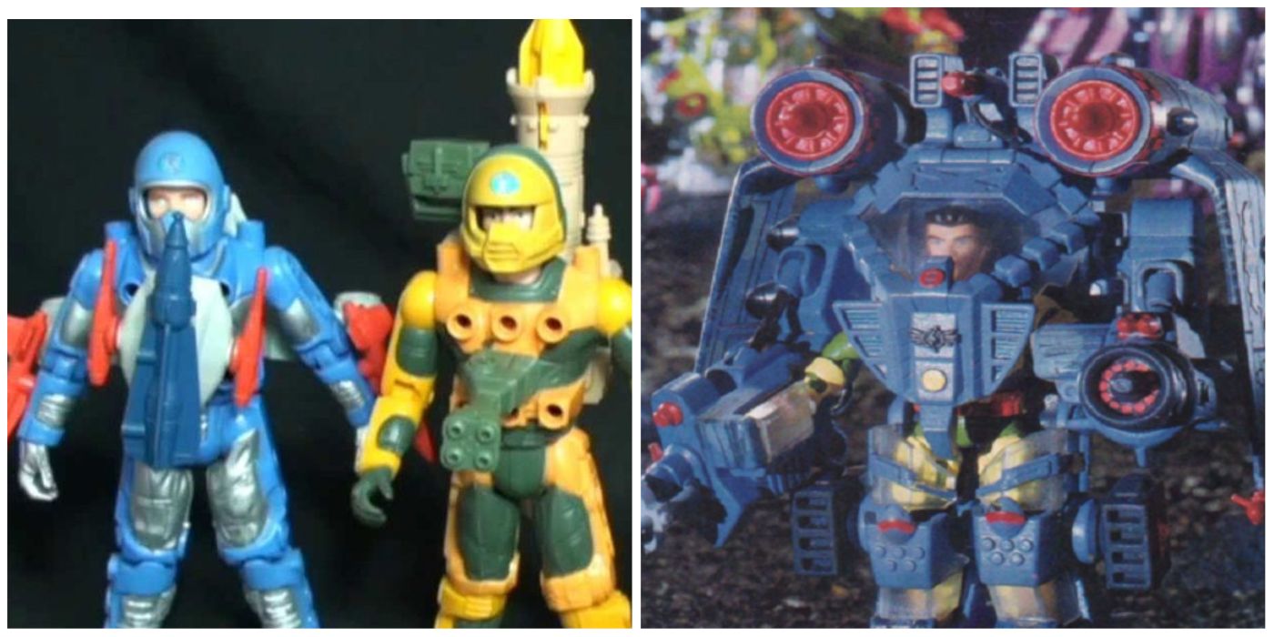 A split image of the Centurions action figures and an Exo Squad toy