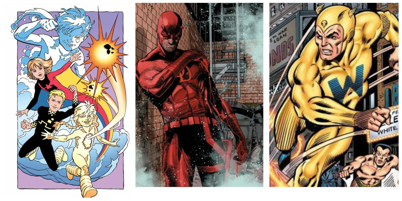 A split image of Marvel's Power Pack, Daredevil, and The Wizard
