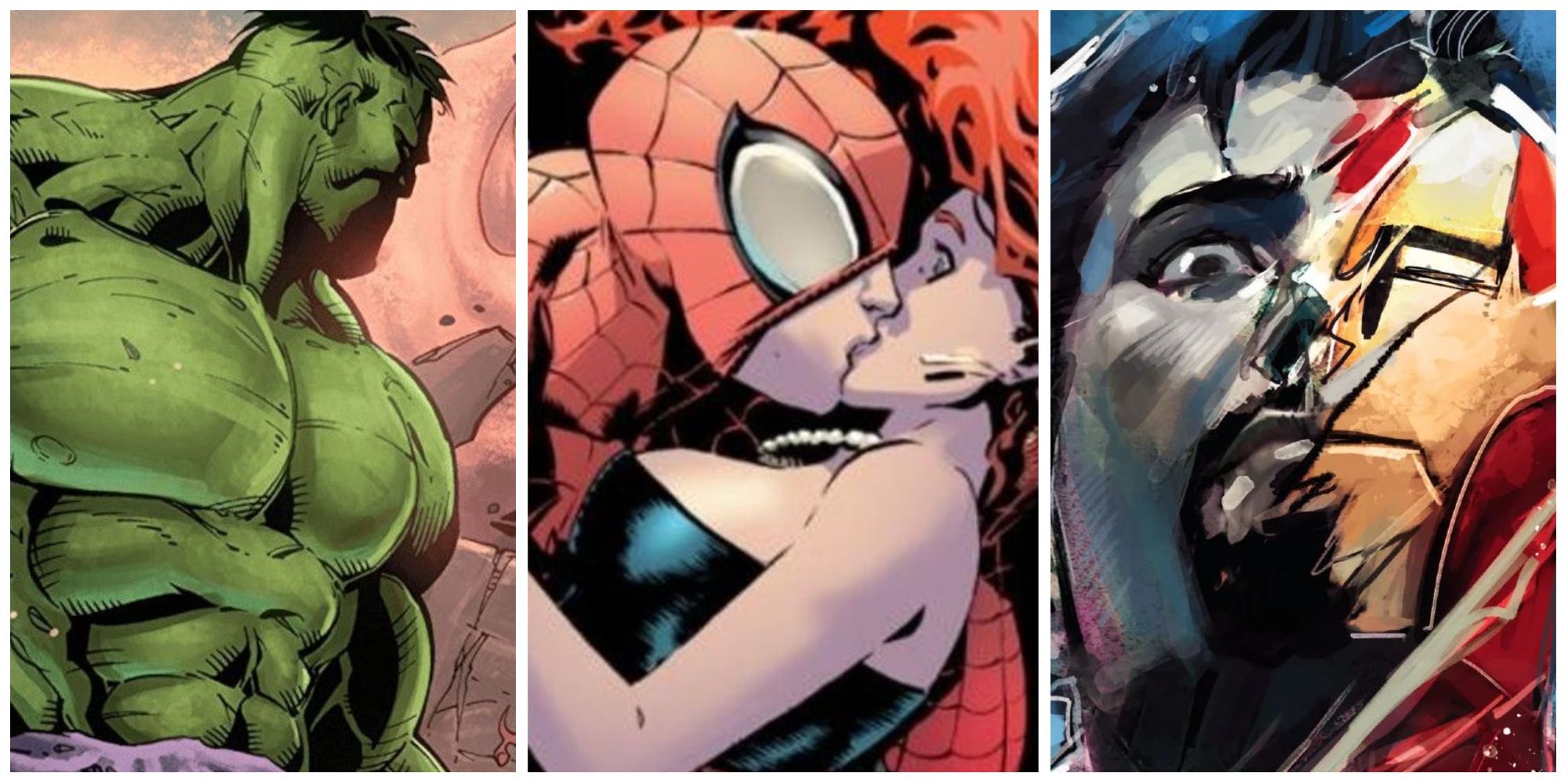 The Hulk (left), Spider-Man and Mary Jane (center), and Iron Man (right) all have dysfunctional family backgrounds.