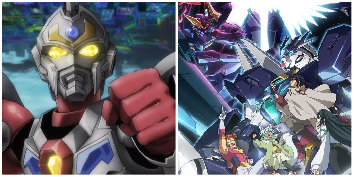 A split image of Gridman and the cast of Gundam Build Divers Re:Rise