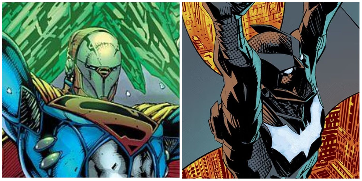 A split image of Superman wearing his Kryptonite protection armor and Luke Fox in his Batwing armor