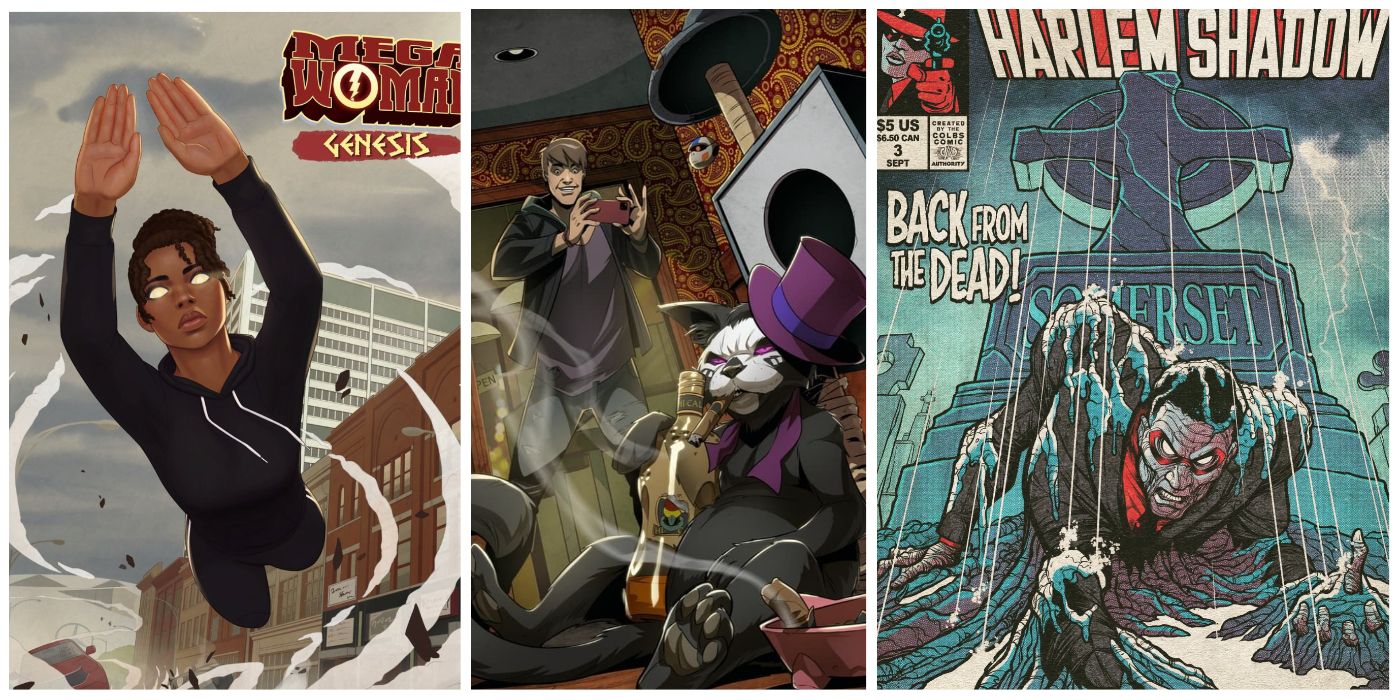 Must-read Indie Comics for new readers. Split image of Mega Woman and Harlem Shadow covers