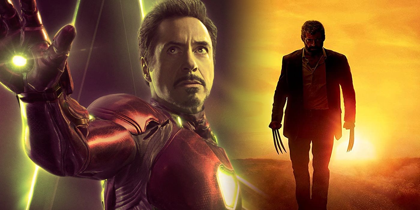 Iron Man from the MCU with the Logan poster split image