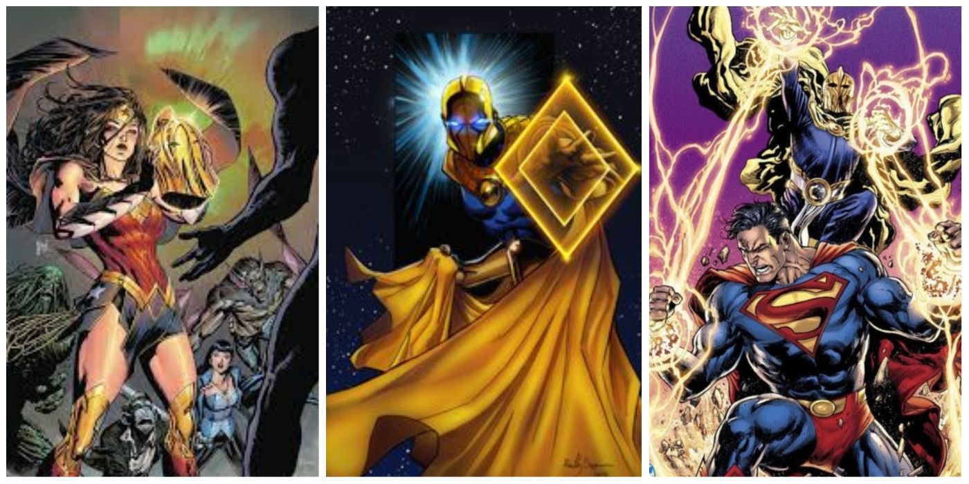 Wonder Woman holding the Helmet of Fate, Doctor Fate using magic, Doctor Fate attacking Superman