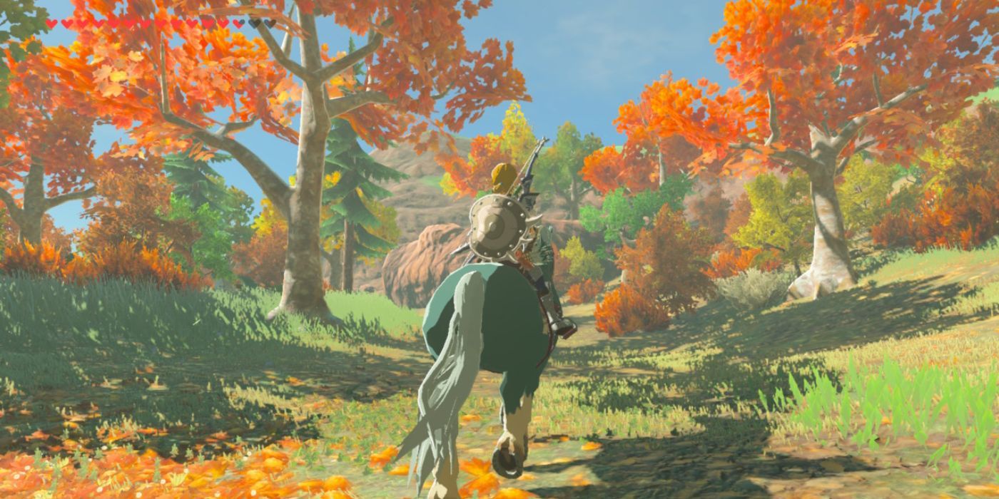 Link montando a caballo por la región de Akkala en Breath of the Wild