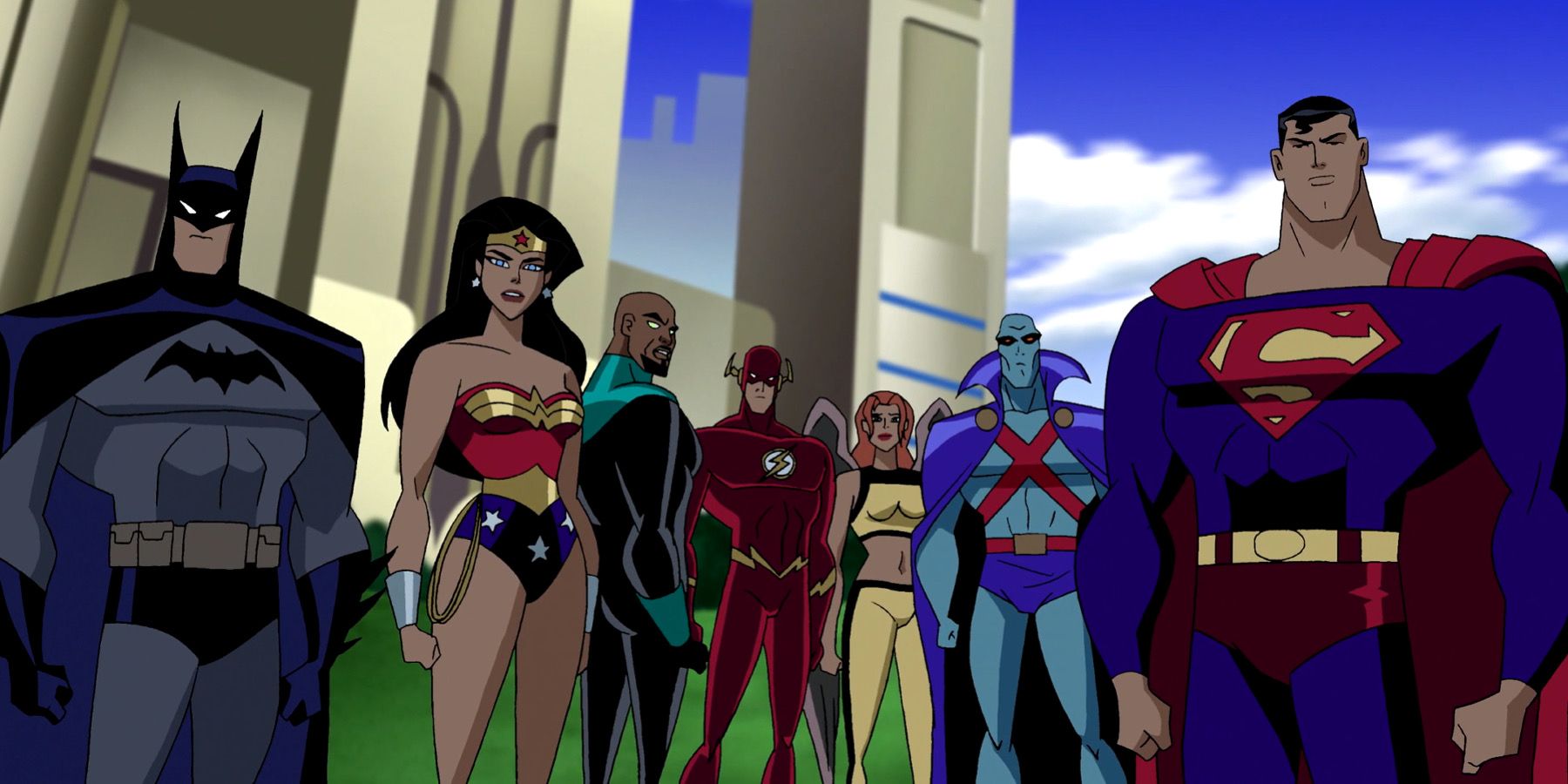 Batman, Wonder Woman, Green Lantern, Flash, Hawkgirl, Martian Manhunter, Superman in the Justice League animated series
