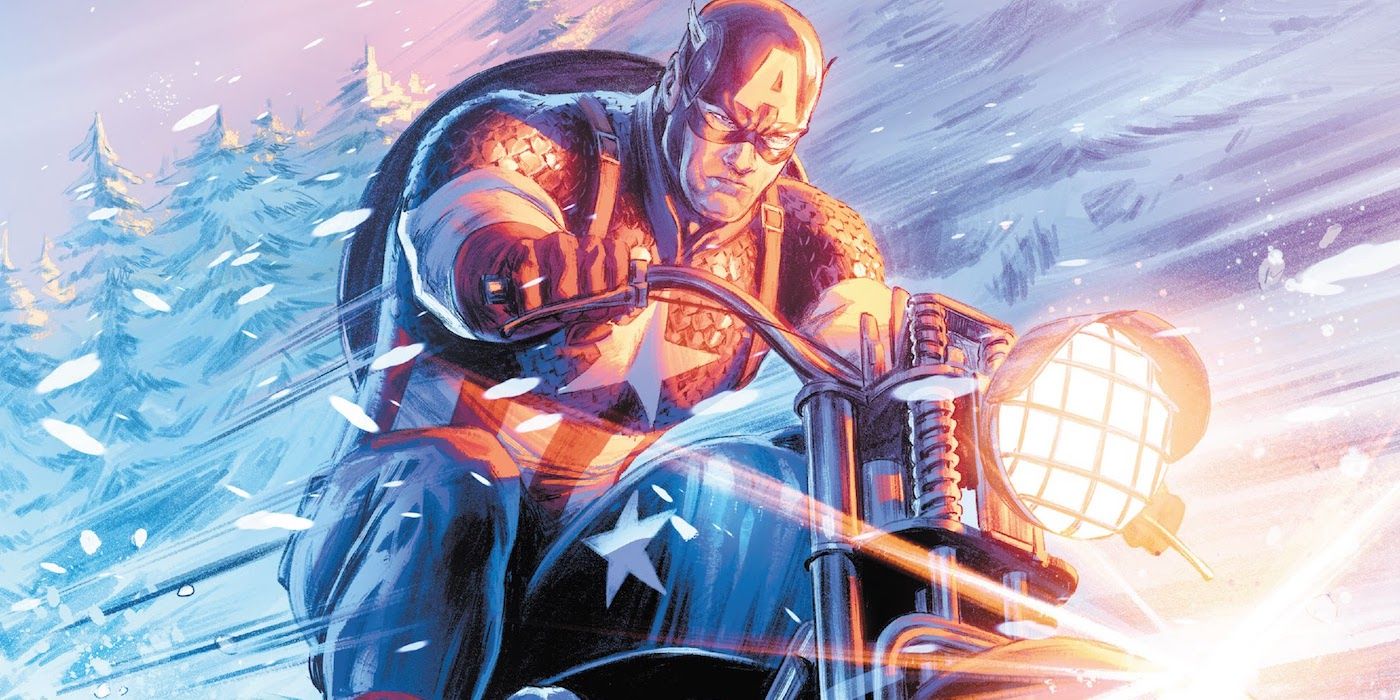 Captain America's rides his motorcycle in Marvel Comics